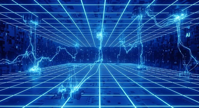 Abstract blue electrical circuit grid with flowing energy lines