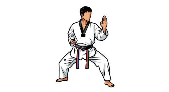 Martial artist in uniform performing a taekwondo stance with open hand