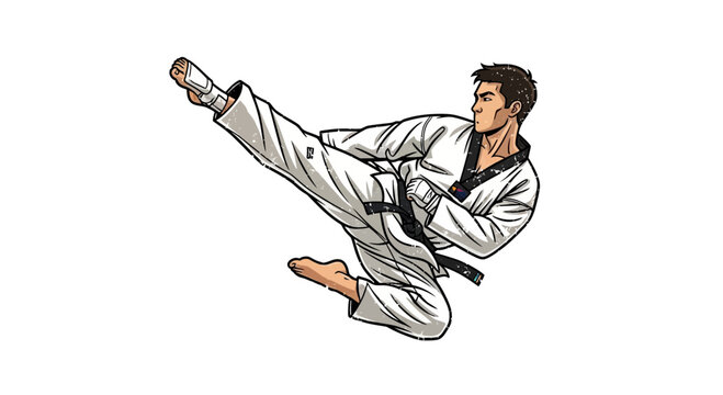 Martial Arts Athlete Performing High Kick in Taekwondo Uniform
