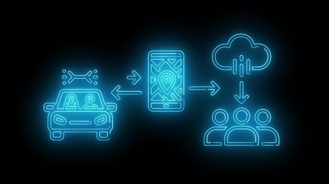 Neon blue line illustration of a car sharing data with a smartphone and cloud storage to multiple users on a black background.