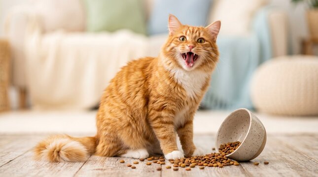Angry Orange Cat Yelling Next to Spilled Food Bowl on Wooden Floor.