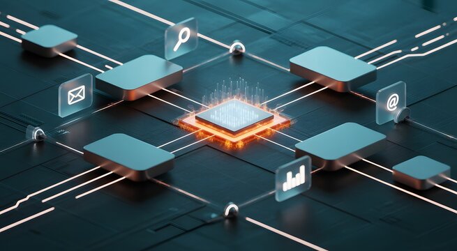 Central computer chip with glowing orange light connected to peripheral nodes with floating email search and analytics on a dark technical circuit board background