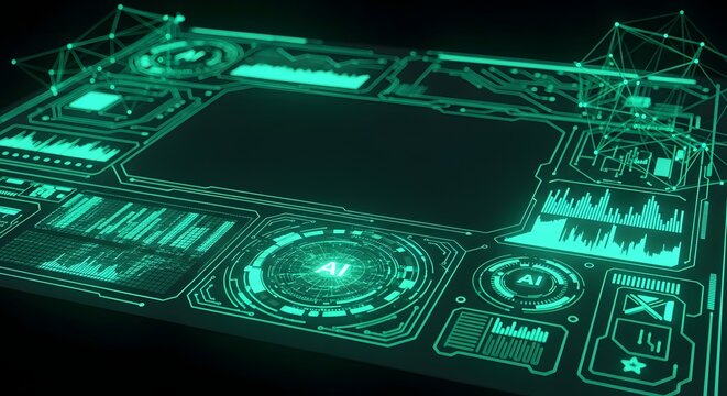 Futuristic AI control panel with glowing green data