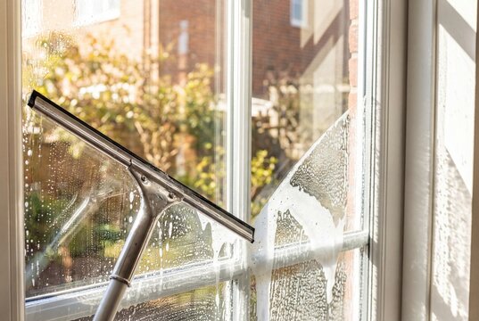 Metal squeegee cleaning soapy window glass with foam and sunlight