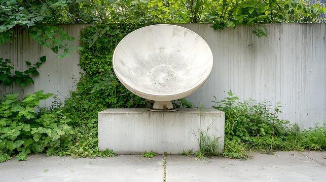 Vintage White Parabolic Antenna Surrounded by Greenery in Urban Setting