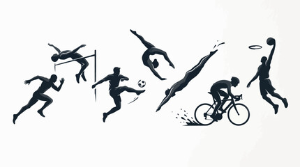 Obraz premium Dynamic Silhouettes of Diverse Athletes Running Long Jumping Playing Soccer Swimming Cycling and Basketball on Isolated White Background