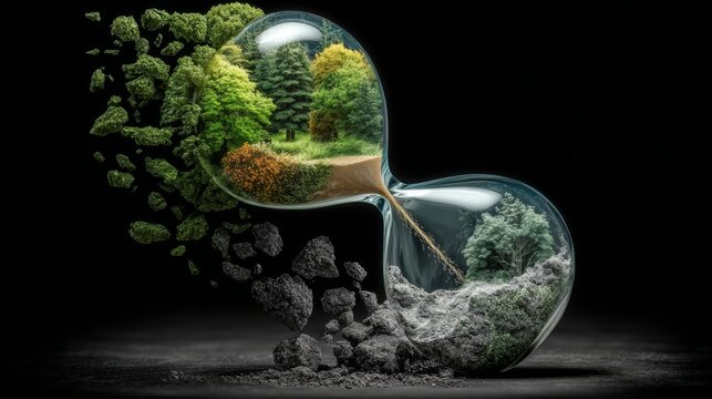 Conceptual hourglass filled with lush forest fading into desolate gray stone, illustrating climate change, urgency, and conservation themes for sustainability campaigns.