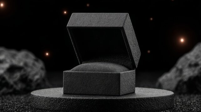 Elegant textured ring box stands open on a round pedestal in a dark, starry setting, evoking mystery and exclusivity for luxury branding or jewelry promotions.