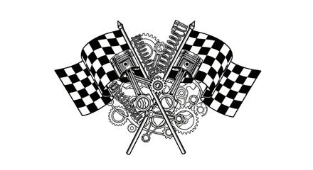 Graphic black and white crossed checkered flags with engine parts, pistons, and gears, vintage racing concept on isolated white background. © rofiq