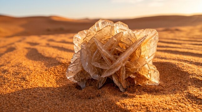 Stunning Desert Rose Crystal Formation Shimmering in Golden Desert Sunset Light