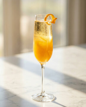 Swirling mimosa cocktail in a tall champagne flute garnished with an orange peel
