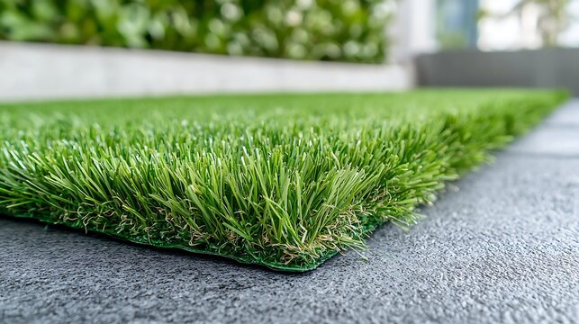 Lush Green Artificial Turf Mat on Smooth Stone Surface in Modern Outdoor Setting