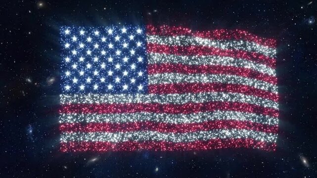 American flag made of sparkling lights waving in space with galaxies.