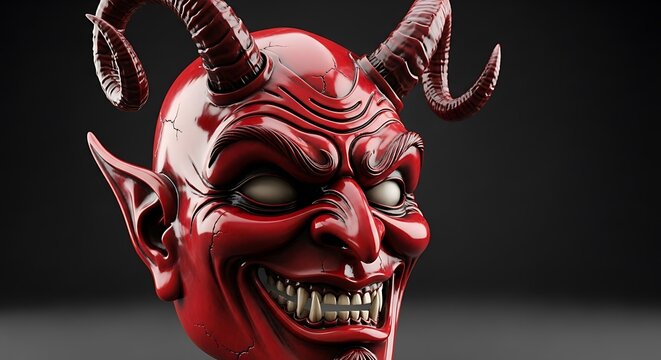 Close up of red devil head with horns and teeth on a black background