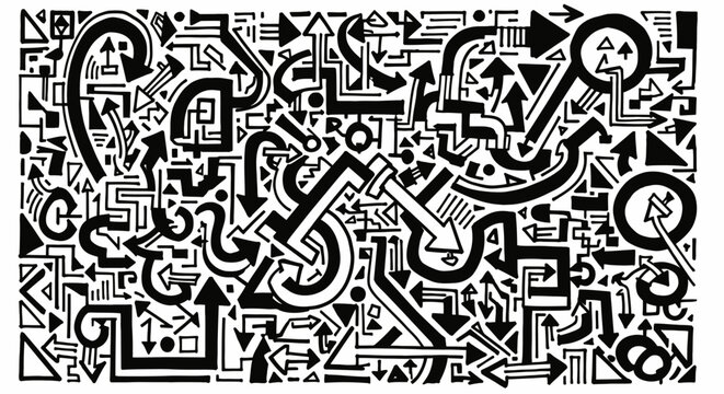 Dense Abstract Black and White Doodle Pattern with Intertwined Arrows and Complex Lines on Isolated White Background