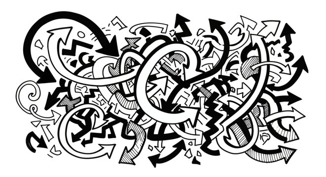 Abstract Black and White Doodle Pattern of Intertwined Arrows and Chaotic Lines on Isolated White Background