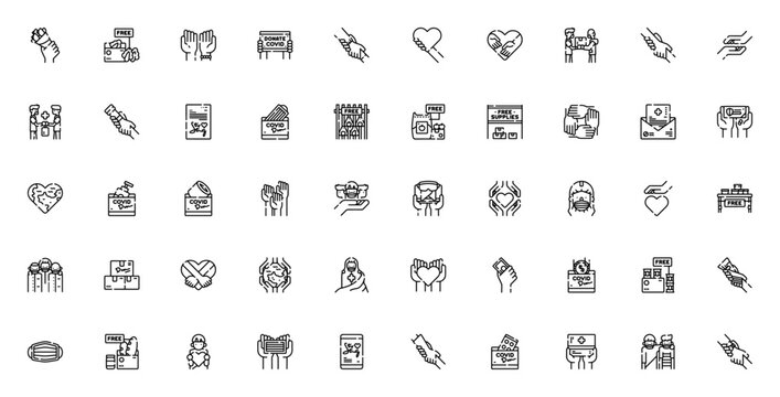 Kindness icon set. Humanitarian vector symbols pack. Includes donation, helping hand, medical aid, charity, care and more. Editable stroke.