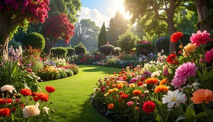 Naklejka premium A vibrant garden scene with lush greenery