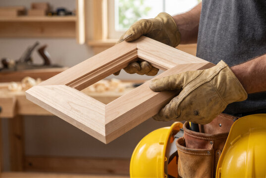 Professional woodworker in gloves holding a handcrafted wooden frame in a carpentry workshop with tools and wood shavings