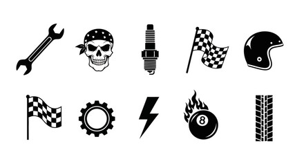 Racing and Biker Themed Silhouette Icons Set with Skull, Checkered Flag, and Tools on Isolated White Background © rofiq