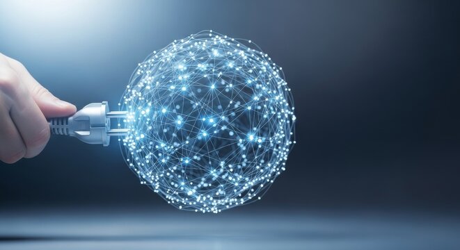 Hand plugging a power cord into a glowing digital network sphere