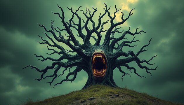 Ancient twisted tree with a monstrous screaming face and sharp teeth standing alone on a dark and stormy grassy hill