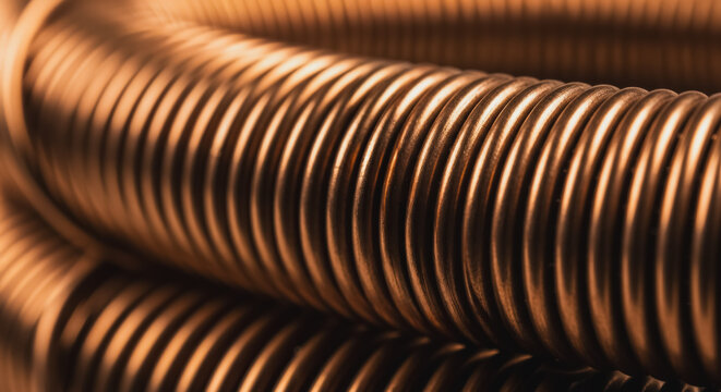 Close-up of Polished Copper Coil Background with Industrial Metallic Texture and Warm Glowing Reflections