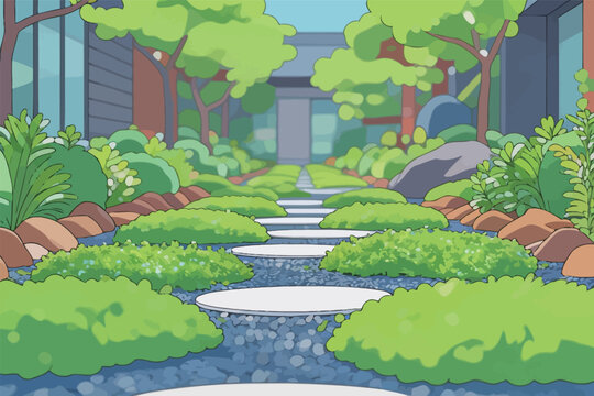Walkway through a garden filled with green plants and stone paths in a modern setting during the daytime