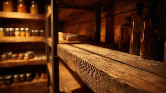 Rustic wooden pantry shelf with visible grain and texture, empty and awaiting ingredients