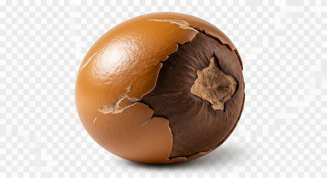 Close up of shea butter nut revealing brown kernel on transparent background
