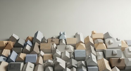 Fototapeta premium Abstract geometric houses arranged in a dense, layered composition against a plain background.