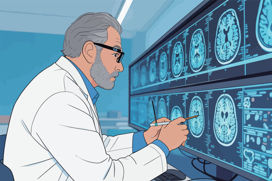 Doctor examines brain scans in a medical room while using a pen for notes and observations during a consultation on a weekday