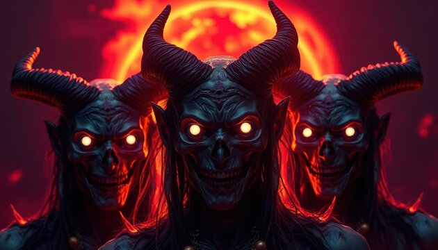 Trio of demonic figures with glowing eyes and imposing horns, set against a fiery, infernal background