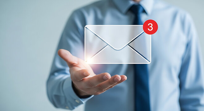 Person holding an email icon with a notification badge indicating three unread messages, symbolizing communication and connectivity in business or personal life
