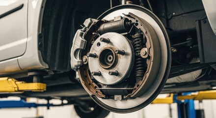 Fototapeta premium Close-up of car drum brake assembly in a garage