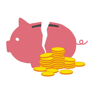 Take money out of a piggy bank　割れた豚の貯金箱と積み上がったコインのイラスト　貯蓄達成のイメージ