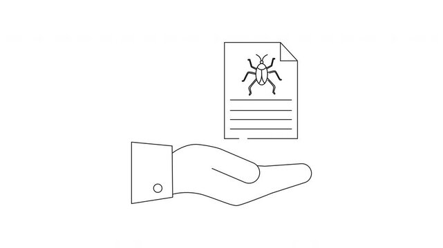 Hand holding document with bug icon representing software bug or virus.