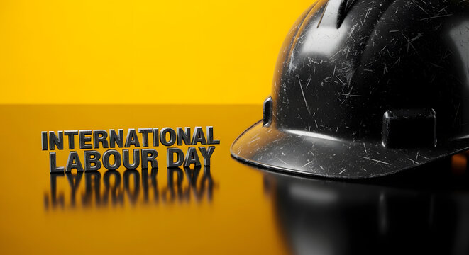 International Labour Day text with black hard hat on yellow