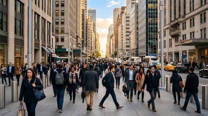 Obraz premium Busy City Street with Pedestrians and Tall Buildings at Sunset