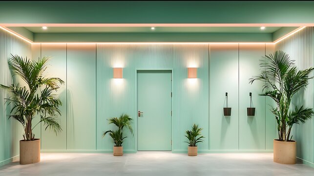 Modern Minimalist Interior with Green Walls and Potted Plants in Stylish Ambient Lighting