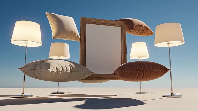 Pillows and lamps float around a mirror on a desert floor with clear blue sky