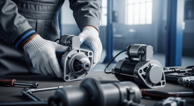 Automotive mechanic's hands in gloves assembling a car starter motor in a workshop with tools