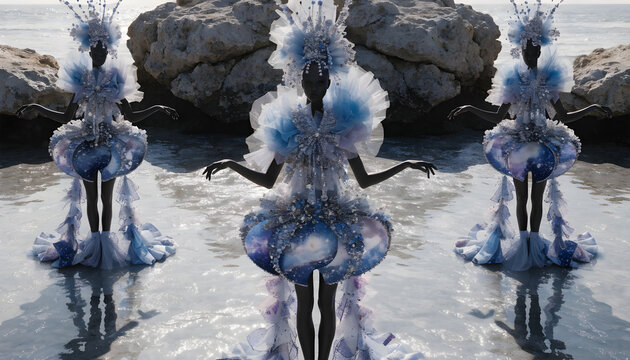 Avant-garde fashion models in ethereal blue costumes, surreal haute couture performance art, futuristic ocean goddess figures by the sea 4k, Premium Quality,