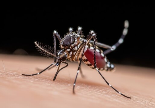 Close-up of mosquito feeding on human skin with blood visible