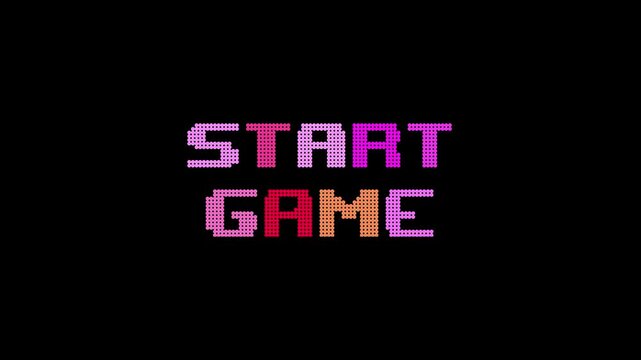 8-bit pixel art colorful start game text screen. looped animation 4k 30fps