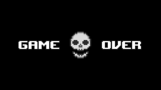 8-bit pixel art white game over text and skull face. looped animation 4k 30fps