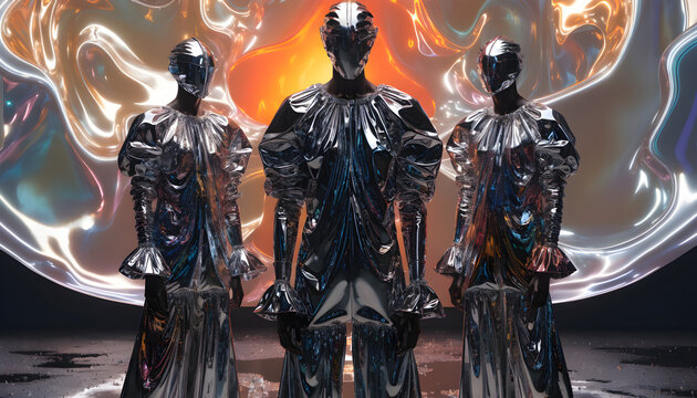 Futuristic metallic fashion editorial, avant-garde silver chrome costumes, three figures in high-tech reflective armor against liquid gold background 4k, Premium Quality,