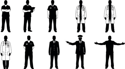 Professional male workers vector silhouette collection showing doctors, businessmen, and service staff characters isolated on white background for commercial design. © BIPUL