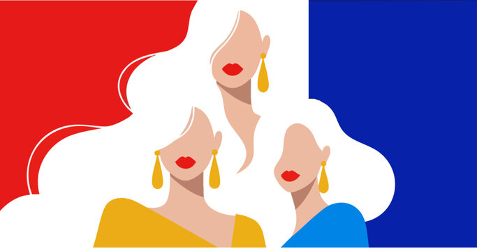 PrintThree elegant faceless women with flowing white hair and red lips wearing statement earrings stand against a French flag backdrop symbolizing national pride and iconic beauty.