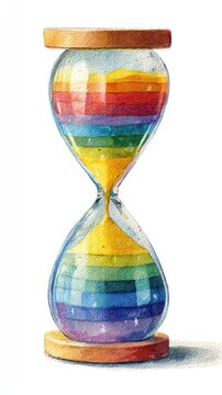A colorful hourglass filled with layered rainbow sand, symbolizing the passage of time with vibrant, artistic flair.
